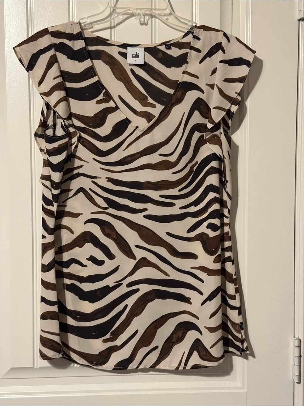 CAbi Zebra-Style V-Neck Blouse in Cream, Brown & Black